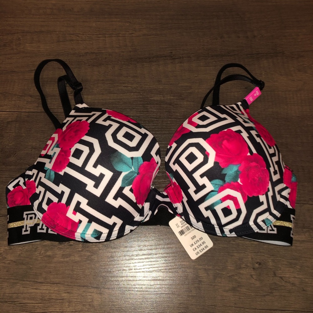 Victorias Secret PINK Push-up Bra NWT Black and Roses 32D